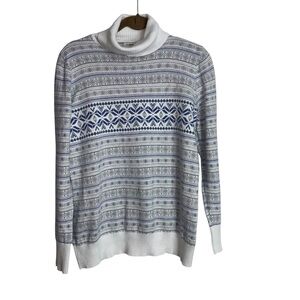 LL Bean White Blue Geometric Turtleneck Sweater Large Cashmere Blend